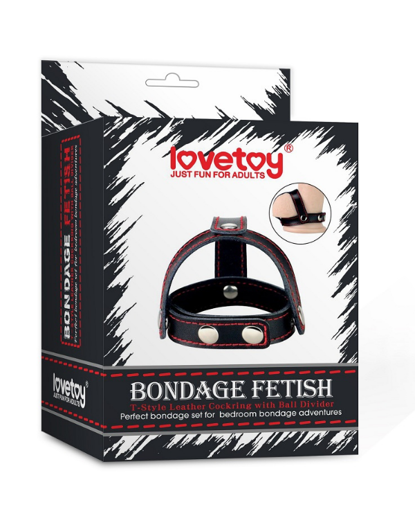 Censan Bondage Fetish T-Style Leather Cockring With Ball Divider